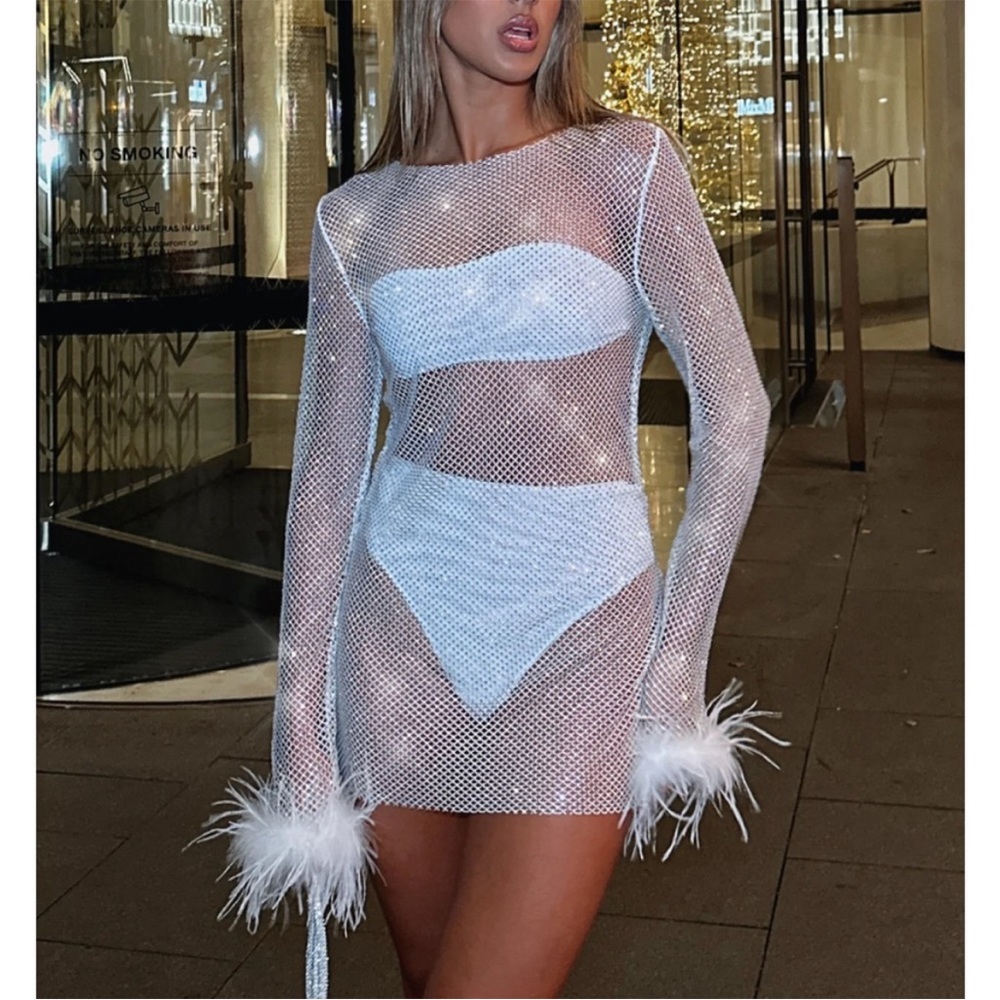 White Fox Mesh and Rhinestone Mini Dress with Faux Fur Wrists